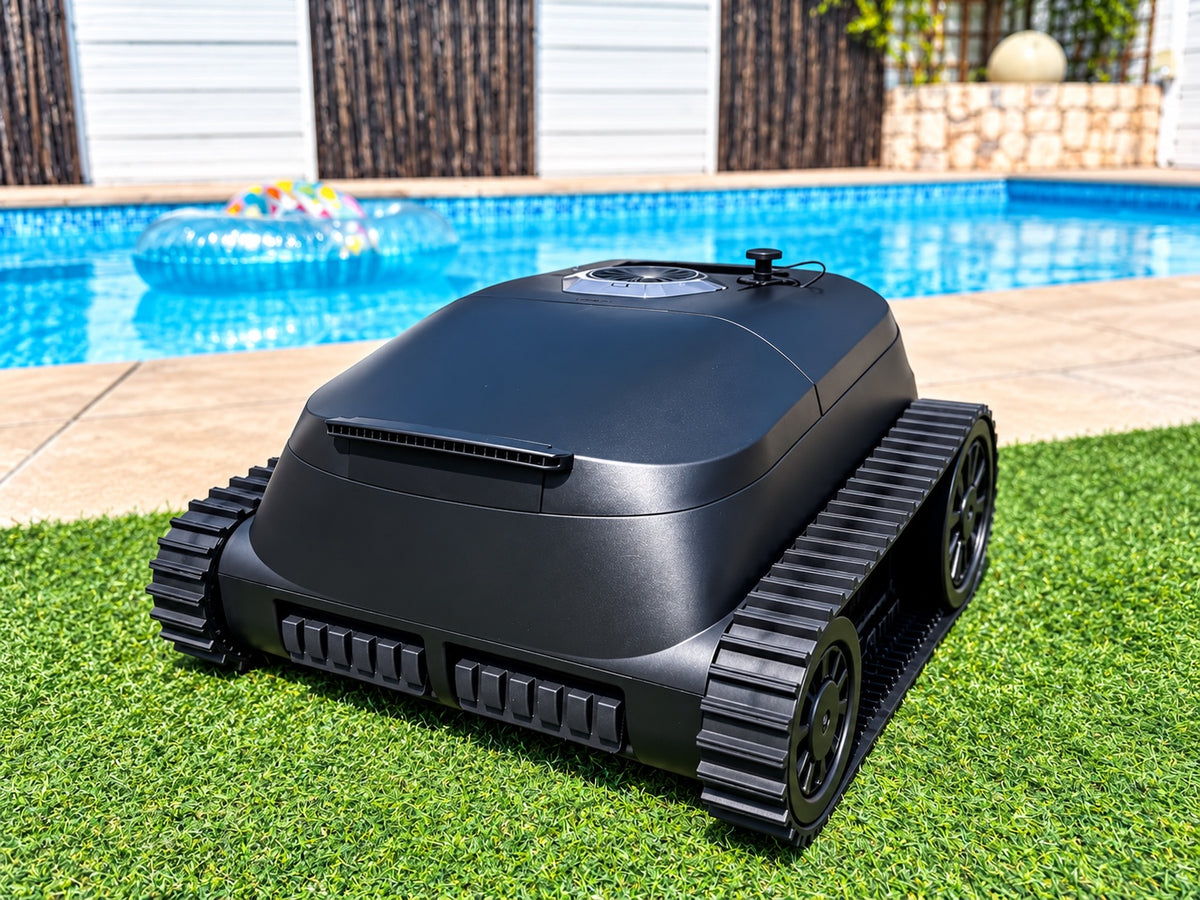 PowerBru cordless robotic pool cleaner beside swimming pool