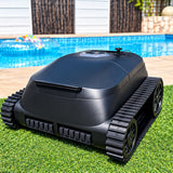 PowerBru cordless robotic pool cleaner beside swimming pool