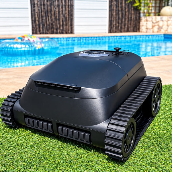 PowerBru cordless robotic pool cleaner beside swimming pool