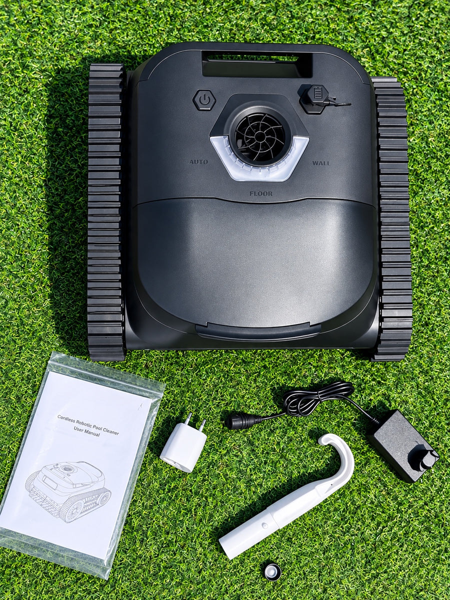 PowerBru cordless robotic pool cleaner with accessories