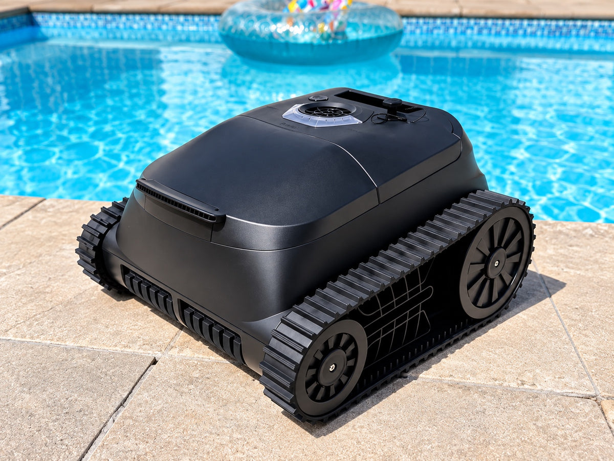 PowerBru cordless robotic pool cleaner poolside view