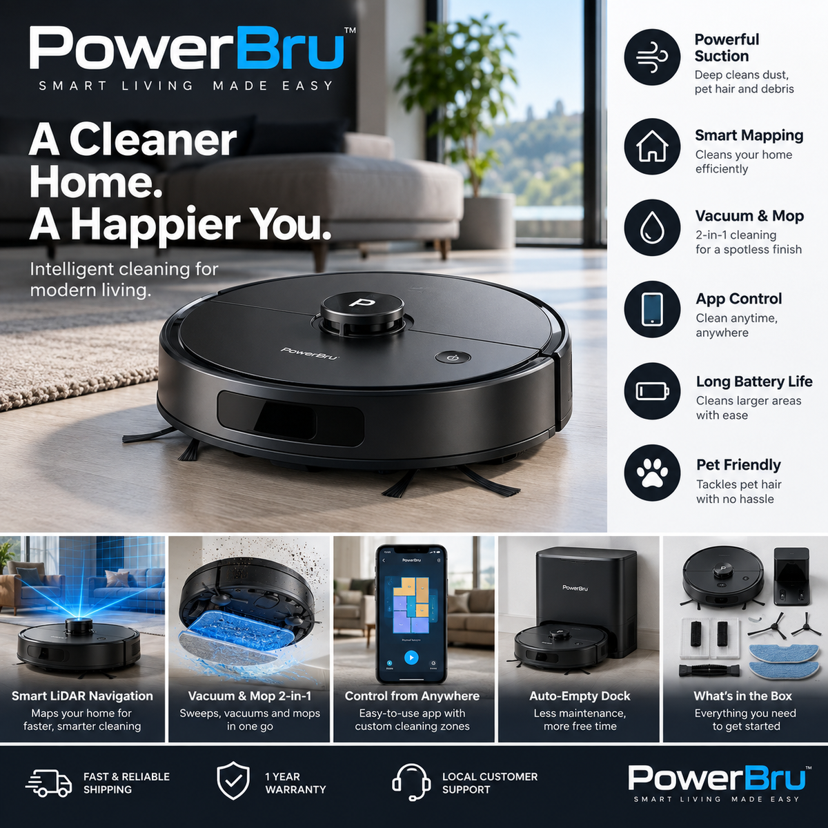 PowerBru Self-Cleaning Robot Vacuum & Mop premium product image